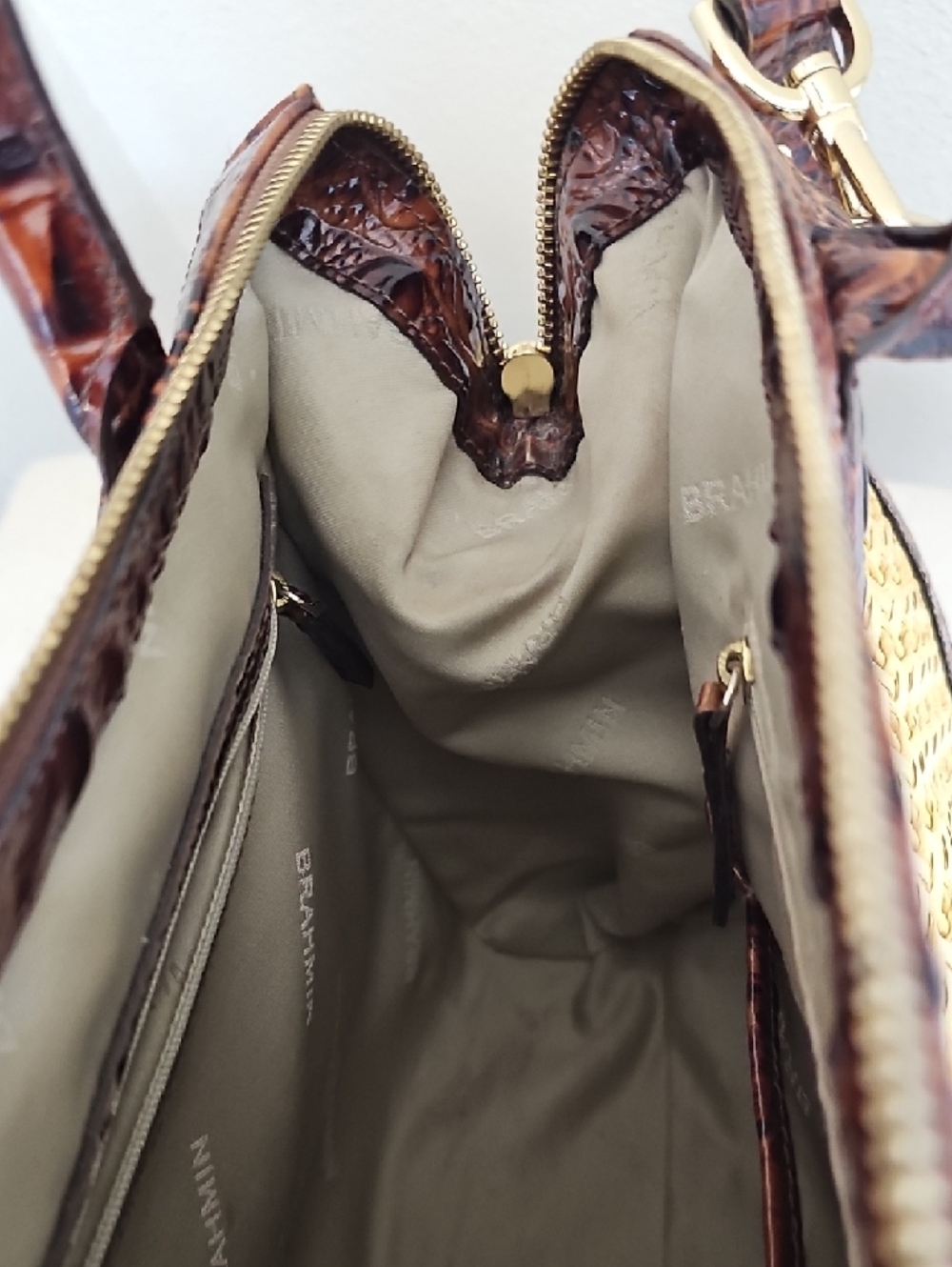 Brahmin Tan Straw Satchel with Brown Faux-Croc Trim - Picture 9 of 11
